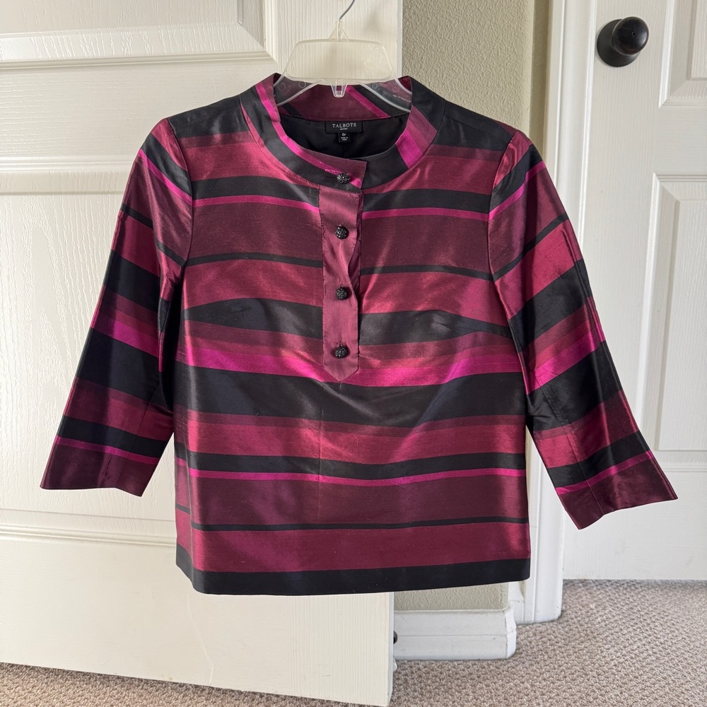 Talbots Black and Pink Striped Silk Blouse with 3/4 Sleeves 6P